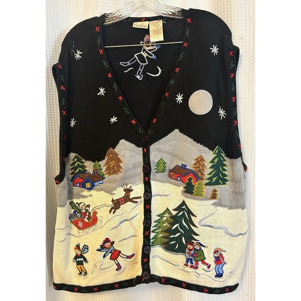 VTG Y2K Ugly Christmas Sweater Vest 22/24 Winter Ice Skating Grandma Granny
